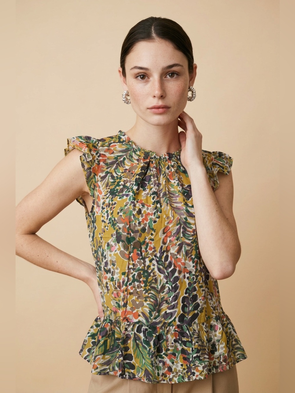Jodifl Floral Ruffle Sleeveless Blouse in Mustard Green